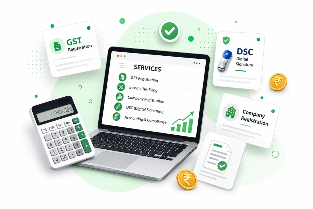 Illustration showing GST Registration, Income Tax Filing, Digital Signature Certificate (DSC), Company Registration, Accounting and Compliance Services offered by 31march.com.