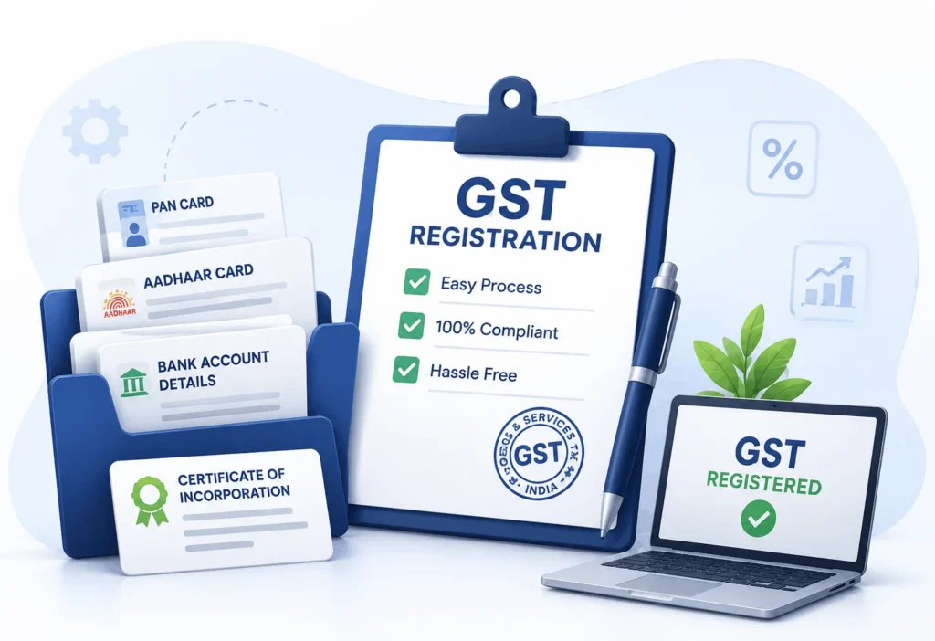 Illustration showing GST registration documents including PAN Card, Aadhaar Card, bank details, business address proof, and certificate of incorporation for online GST registration in India.