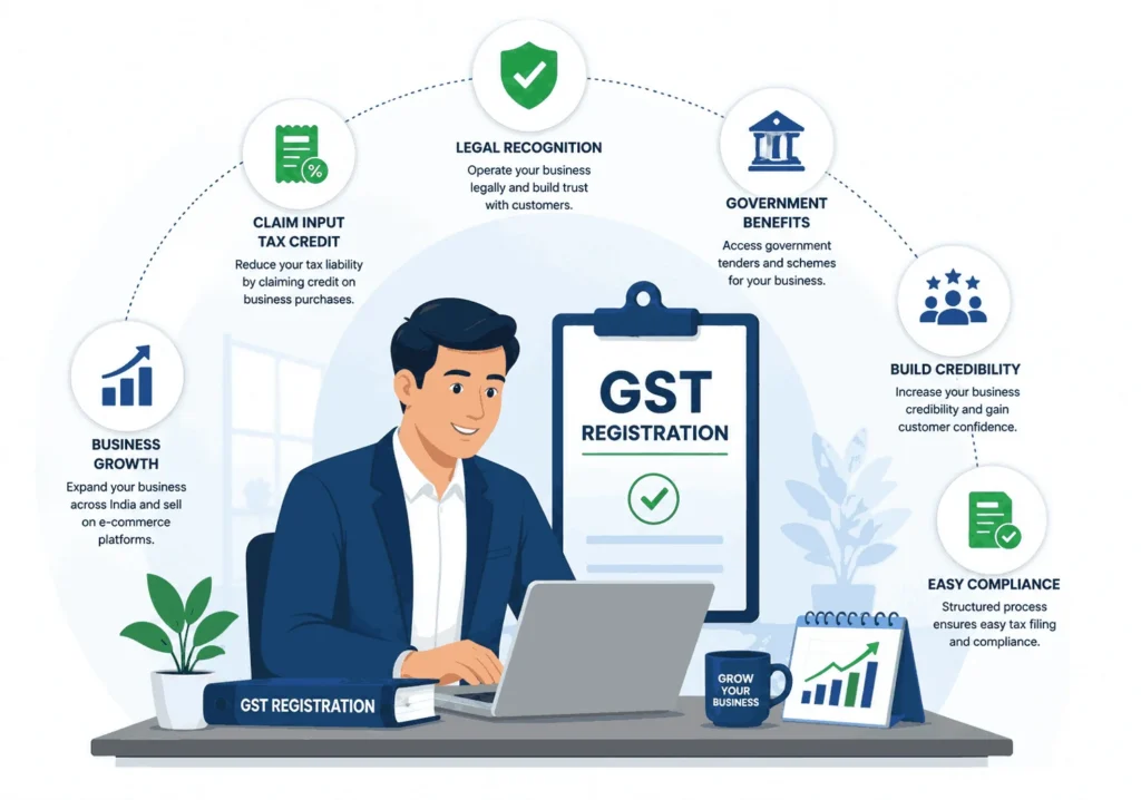 Illustration showing the key benefits of GST registration in India including legal recognition, input tax credit, business growth, government benefits, credibility and easy compliance.