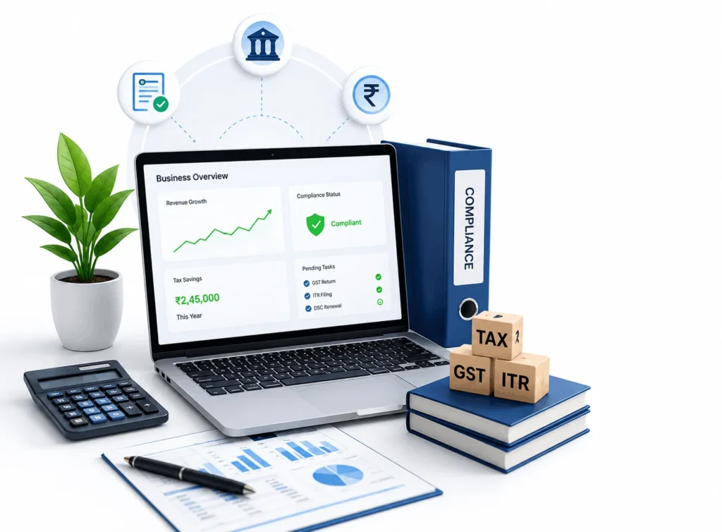 3D illustration of a laptop displaying financial dashboards with GST, ITR, tax, compliance documents, calculator, and business stationery representing professional accounting and business registration services in India.